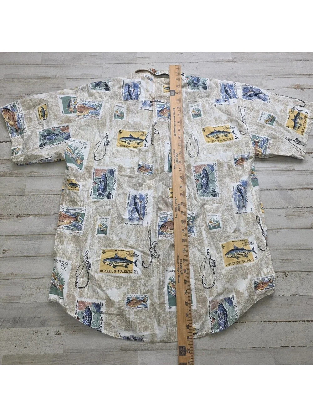 VTG North River All Over Print Fishing around the World Stamps Button-Up - MED